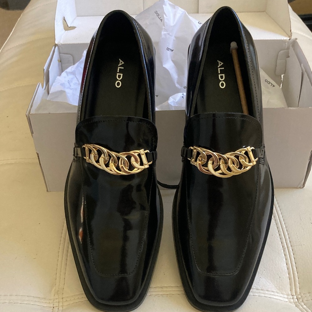 Aldo Men's Glossy Black Loafers with Gold Accent
